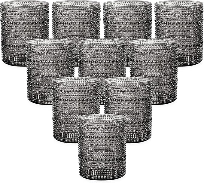 YOUBET 24PCS Plastic Drinking Glasses - 14OZ Black Hobnail Drinkware Glasses - Vintage Glassware Textured Beaded Cups for Water, Beer, Whiskey, Juice and Various Mixed Drinks, halloween