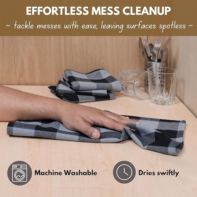 Native Fab 6 Pack Buffalo Check Kitchen Dish Towels, Cotton, Durable, Washable 16"x26" - Tea Towel, Soft Absorbent Cleaning Towels, Hand Towel with Hanging Loop - Black, Grey