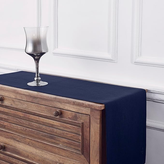 Solino Home Linen Navy Table Runner 36 Inches - 100% Pure Linen Small Table Runner 14 x 36 Inch Ideal for Dresser and Coffee Tables - Summer, Fall, Autumn - Fete