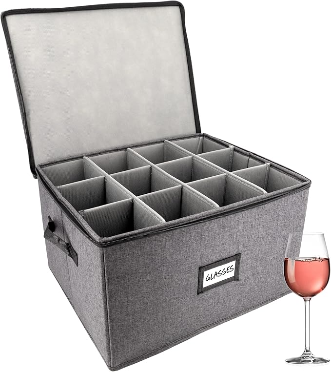 HOMELUX THEORY Wine Glass Storage Box with Dividers, Hard Shell China Storage Containers, Heavy Duty Glassware Storage Box & Stemware Storage Container with Lid, Thick Surface, and Sturdy Handle