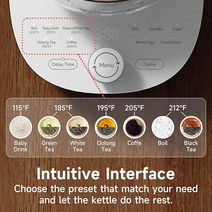 Hot Electric Kettle with Tea Infuser and Temperature Control, 1.5L Stainless Steel Tea Maker & 1200W Rapid Boiling, Programmable Control for Coffee and More, White