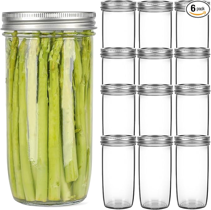 Mason Jars Wide Mouth 24oz, 12 pack Glass Pickle Canning Jars Food Storage With Airtight Mason Jar lids and Bands for Canning, Preserving, Fermenting, Pickling, DIY Projects (12)