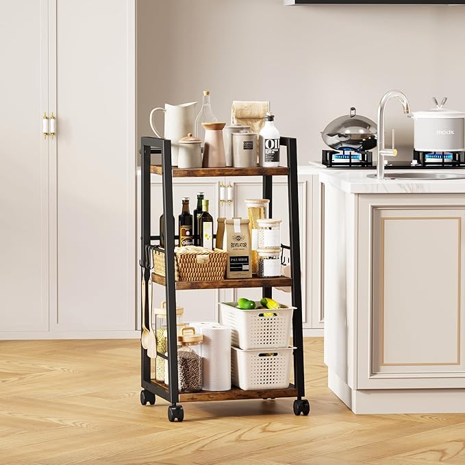 3 Tier Kitchen Storage Cart with Lockable Wheels & 6 Hooks, Mobile Utility Organizer Rolling Cart for Small Spaces, Bar Cart for Kitchen and Living Room, Rustic Brown