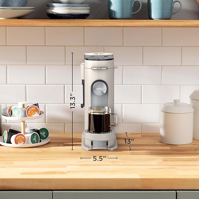 Ninja Pod & Grounds | Coffee Maker | XL Single-Serve | K-Cup Pod Compatible | Brews Grounds | Compact Design | Built-In Milk Frother | 68-oz. Reservoir, 6-oz. Cup to 24-oz. Mug Sizes | Stone |PB055AST
