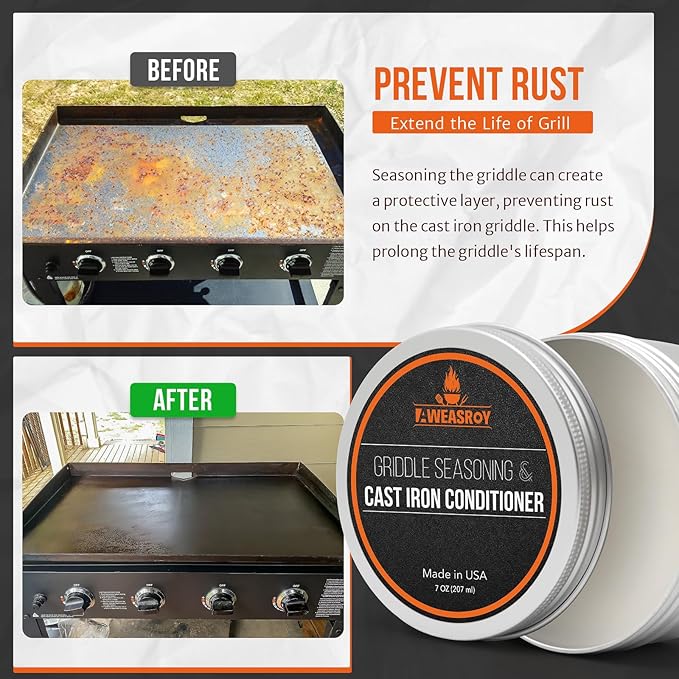 Griddle Seasoning & Cast Iron Seasoning Conditioner 7 OZ Care Kit, with Rust Remover Food Safe Griddle Seasoning for Blackstone, Pans, Carbon Steel – Maintain a Cleaner Non-Stick Skillet