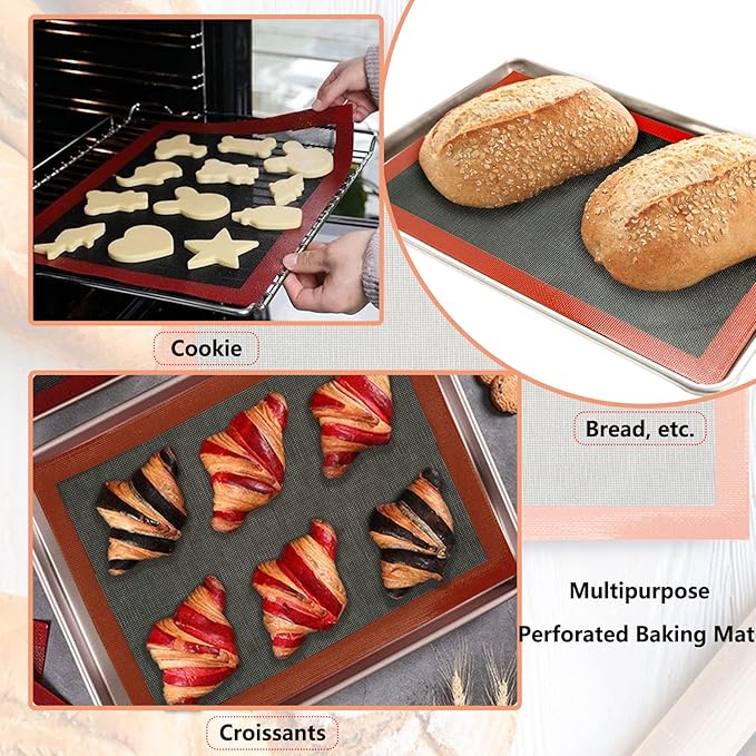 AMYONE Perforated Baking Mats, 2 PCS Eclair Silicone Mat for Half Sheet, Non-Stick Reusable Oven Liners for Making Bread/Pizza/Pastry/Cookie 11 5/8" x 16 1/2"