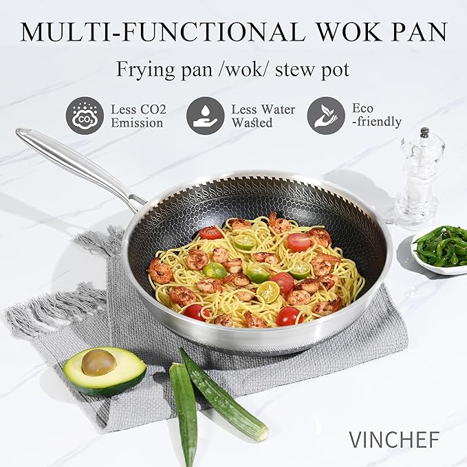 Vinchef Stainless Steel Wok Pan with Glass Lid 12 Inch, Honeycomb Nonstick Stir Frying Pan Induction Compatible and Dish Washer Safe