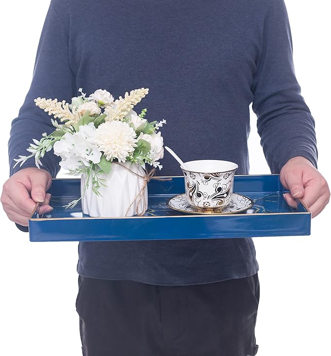 MAONAME Decorative Tray, Plastic Marbling Tray with Handles, Rectangular Coffee Table Trays and Serving Trays for Ottoman, Bathroom, 15.7” x 10.2”, Blue