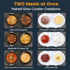 KOOC Double Small Slow Cooker, Buffet Server and Warmer, 2 Mini Pots with 3 Individual Adjustable Temp, Dual Ceramic Pots, Free Liners for Easy Clean-up, Stainless Steel, Total 2.5 Quart, Red, Round