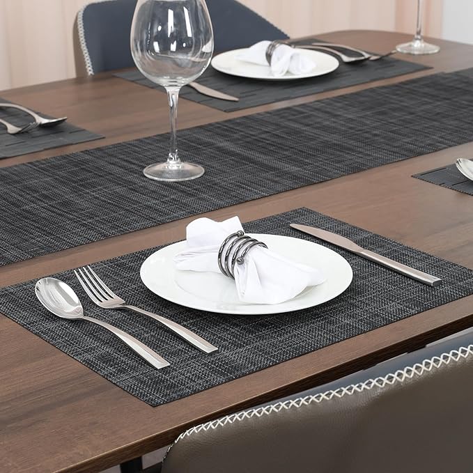 Myir JUN Placemats Set of 4, Vinyl Woven Placemats Place Mats Indoor Set of 4 Washable Table Mats Non-Slip Place mats for Dining Table (Dark Gray-Black, Set of 4)