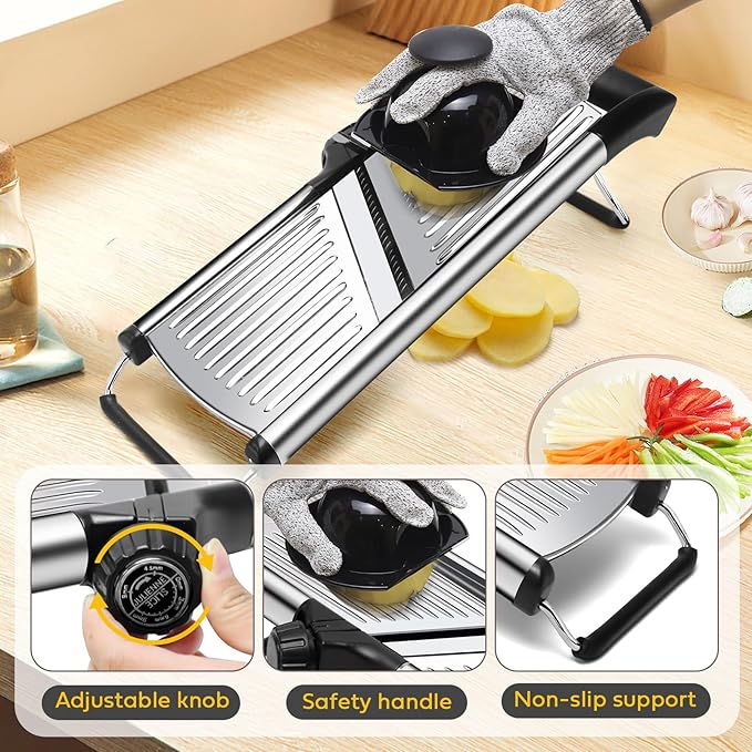 Mandoline slicer, Stainless Steel adjustable Mandoline vegetable slicer, mandoline for kitchen, Vegetable Cutter potato,onion,cucumber slicer, with paring knife, brush and cutproof gloves