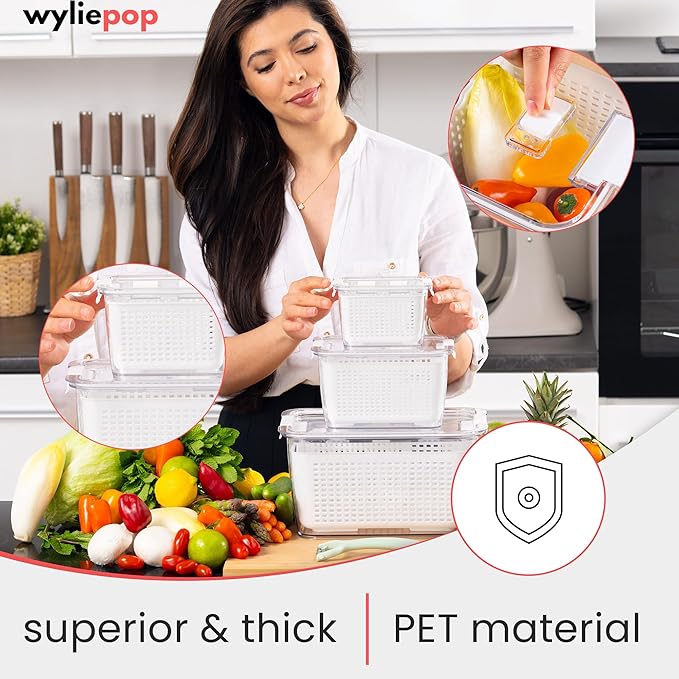 Premium Fruit Storage Containers for Fridge with Veggie Peeler – 3-in-1 Produce Containers for Fridge with Strainer & Removable Colander – Large, Clear Fruit and Vegetable Storage Organizer (Set of 3)