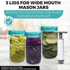 Fermentation Kit, Includes 3 Fermenting Lids for Wide Mouth Mason Jars & Oxygen Extractor Pump, Mason Jar Airlock Lid For Fermenting Kimchi, Pickle, & Sauerkraut
