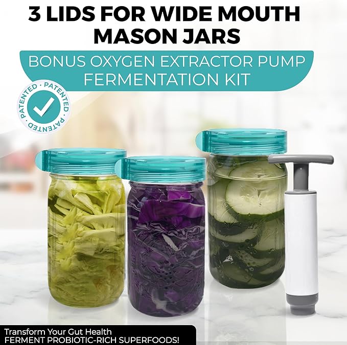 Fermentation Kit, Includes 3 Fermenting Lids for Wide Mouth Mason Jars & Oxygen Extractor Pump, Mason Jar Airlock Lid For Fermenting Kimchi, Pickle, & Sauerkraut