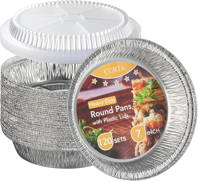 CURTA 7" Round Aluminum Foil Pans with Clear Lids | Heavy Duty | Great for Broiling, Baking, Storage, Roasting, Takeout, Air Fryer | 120 Pack