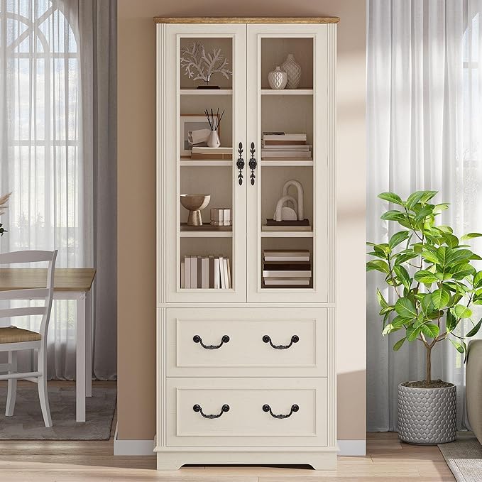 YITAHOME 76'' Kitchen Pantry Cabinet with 2 Drawers, Tall Storage Cabinet with Glass Doors & Adjustable Shelves, Freestanding Display Curio Cabinet for Collectibles, Living Room, Off-White
