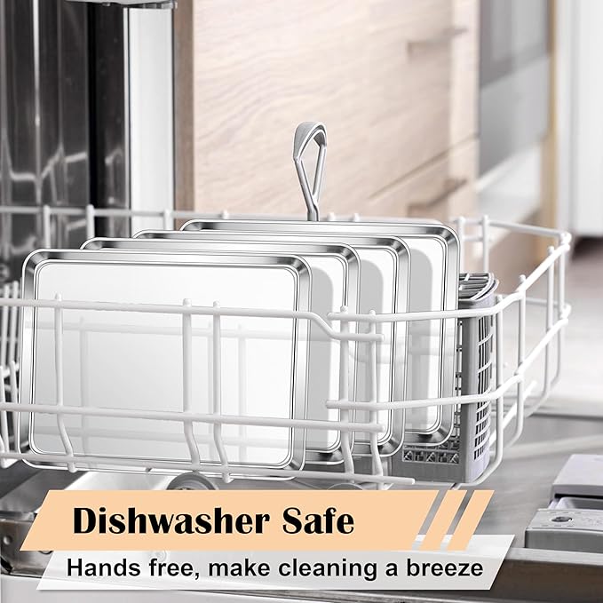 E-far 4 Pack Toaster Oven Trays, 9.4”x7.3” Stainless Steel Small Baking Cookie Sheets, Mini Non-toxic Metal Baking Pans for Cake, Healthy & Rust Free, Mirror Finish & Dishwasher Safe