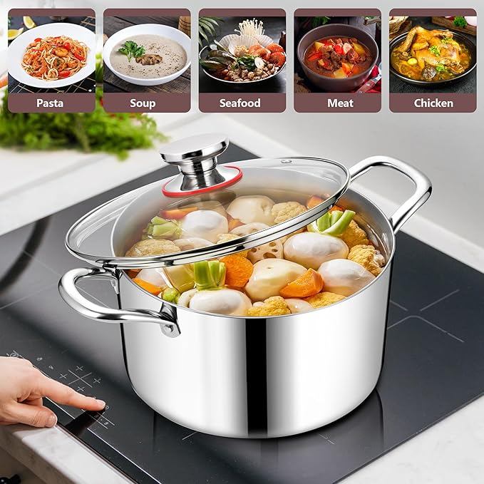Cooking Stock Pot with Lid, 4.5 Quart Heavy Duty Tri-ply 18/10 Stainless Steel Soup Pot for Pasta Vegetable Steaming and Stewing, Induction Compatible & Dishwasher Safe