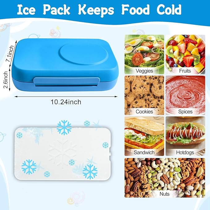 Kids Chill Leak-Proof Lunch Box-Included Reusable Ice Pack Keeps Food Cold;3-Compartment Bento Lunch Container,Microwave & Dishwasher Safe,Bento Lunch Box for School,Trvael (Blue)