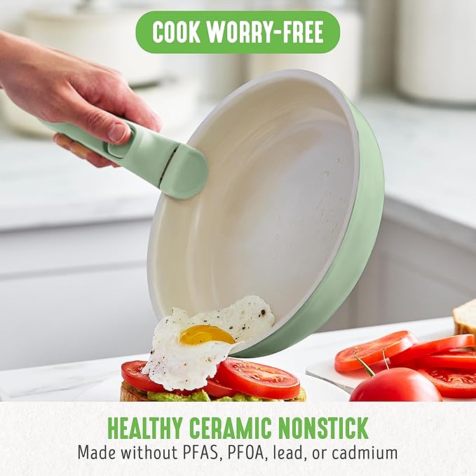 GreenLife 10 Piece Nonstick Pots & Pans Set, Detachable Handle & Stackable Cookware Set, Non Toxic PFAS-Free Skillets, Induction Kitchen Pans, Space Saving, Serving Bowls, Oven Safe, Sage Green