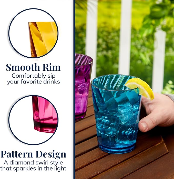 US Acrylic Optix Plastic Reusable Drinking Glasses (Set of 8) 14oz Rocks Cups in Jewel Tone Colors | BPA-Free Tumblers, Made in USA | Top-Rack Dishwasher Safe