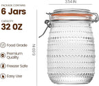 32 Oz Glass Mason Jars with Airtight Lids 6 Pack, Wide Mouth Canning Jars with Clip Top Lids for Kitchen Storage Pickling Salad Jams Coffee Beans