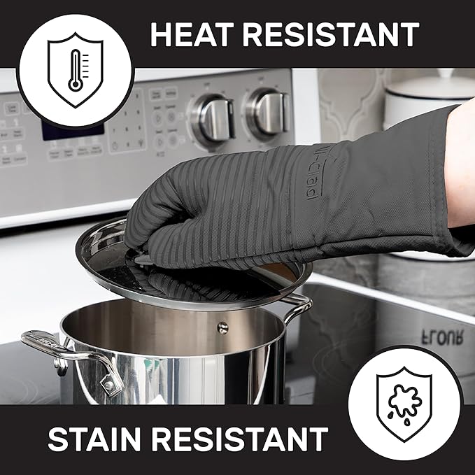 All-Clad Silicone Oven Mitts: Heat Resistant up to 500 Degrees - 100% Cotton & Silicone, 14"x7" Oven Mitt for Kitchen and Barbeque, 2-Pack, Pewter