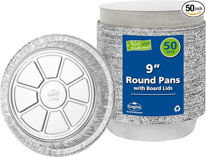Nicole Home Collection Aluminum Pans 9” Round Disposable Foil Pans With Lids (50 Pack) – 9 Inch Round Disposable Takeout Pans With Board Lids (9" Inch Round)