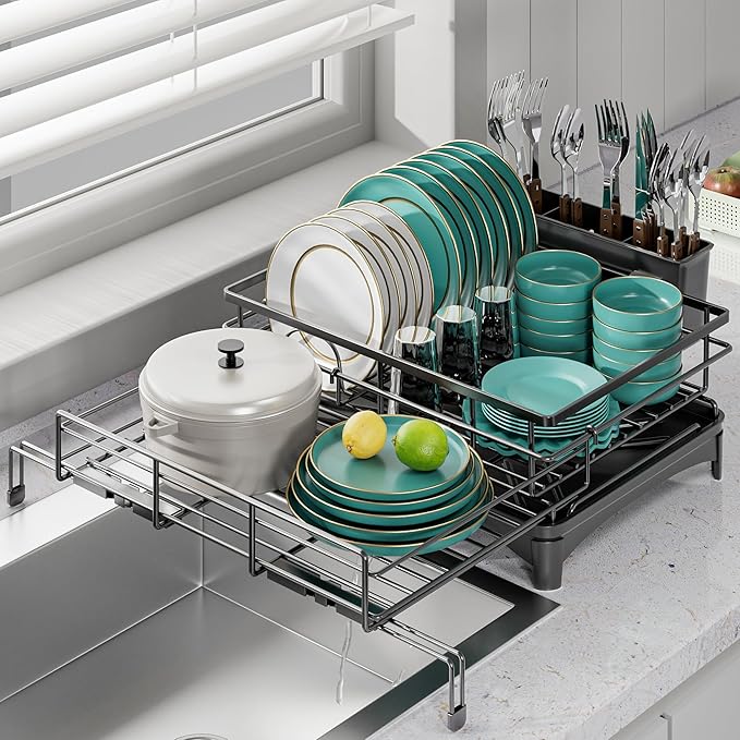 Large Dish Drying Rack - Expandable Dish drainers for Kitchen Counter,Over The Sink Dish Drainer Drying Rack,Rustproof Dish Drainer with Utensil Holder and Drainboard