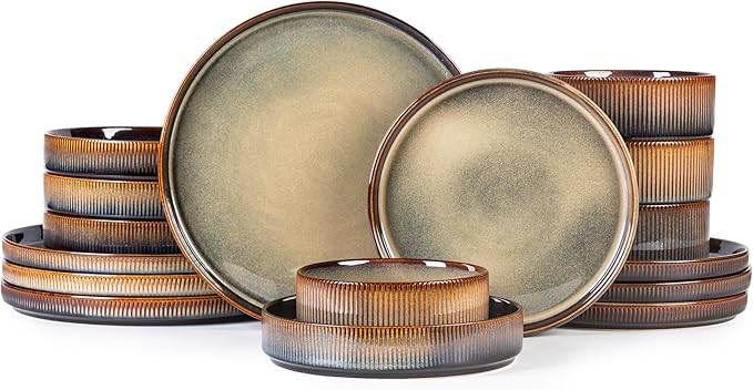TheTerra Ceramic Dinnerware Sets with Pasta Bowls for 4, 16 Pieces Porcelain Lightweight Plates and Bowls Sets, Scratch Resistant Dish Set, Oven & Microwave & Dishwasher Safe, Coca Mocha