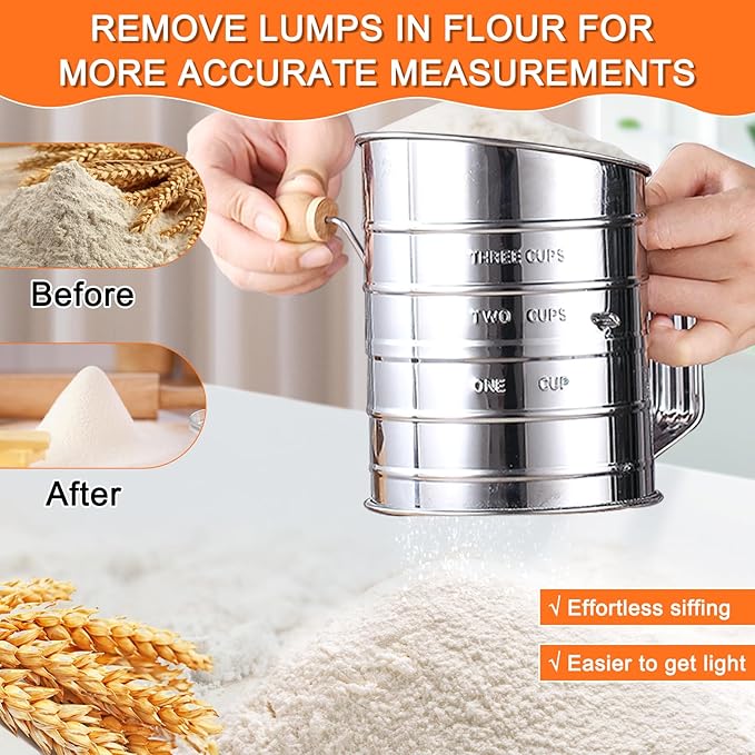 Flour Sifter,3 Cup with Scale Stainless Steel Flour Sifters,4 in 1 Baking Sifter Set with Powder Sugar Shaker Duster,Strainers Fine Mesh and Metal Scoop for Baking Cake,Pastries,Pies,Cupcakes,Desserts