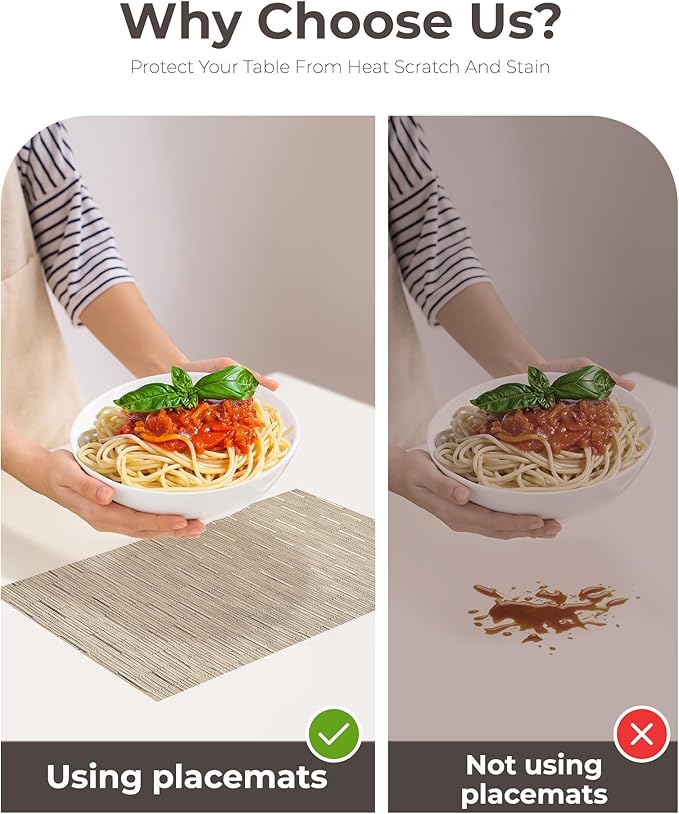 Leetaltree Light Brown Placemats Set of 4 - Heat Resistant Non-Slip Place mats for Dining Table, Washable Durable PVC Vinyl Woven Table Mats（Light Brown, 4）