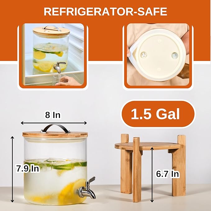 Glass Beverage Dispenser with Bamboo Stand 6.7 In and Lid, Iced 1.5 Gallon Drink Server with Spigot, Large Thick Glass Drink Dispenser for Parties, Hotels, Restaurants, Homes