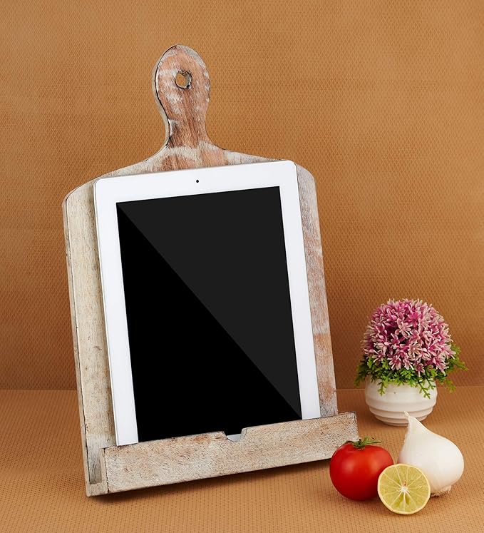 Wedding Gift Wooden Cookbook Stand Recipie Book Holder for Cooking Chopping Board Style Foldable Easel for Kitchen Text Book Tablet L 9.5 x B 1.5 x H 14 inches (White)