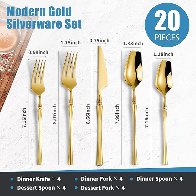 Lemeya 20-Piece Gold Silverware Set for 4,Modern 18/10 Stainless Steel Flatware Set,Unique Rustic Cutlery Utensils Set,Spoon and Fork Set for Home, Restaurant,Wedding,Mirror Polished,Dishwasher Safe