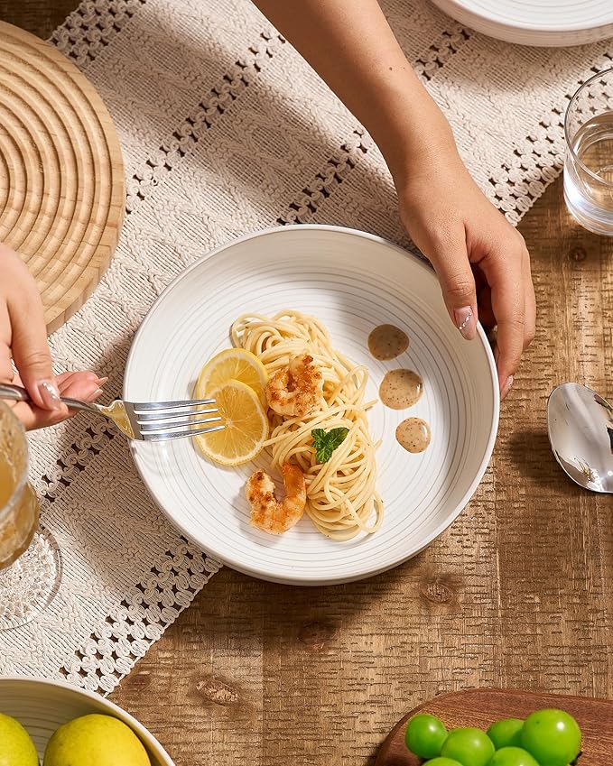 famiware Milkyway 33 oz Bowl Set, Pasta Bowls Set of 4, Salad Bowls, Double Reactive Glaze, Sturdy & Stackable, Ideal for Housewarming, Festivals, White Thread