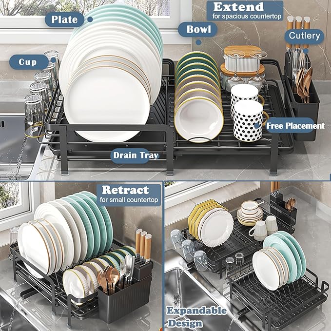 Large Dish Drying Rack with Drainboard,Expandable Dish Rack for Kitchen Counter, Utensil Holder & Cup Hooks,Rustproof Stainless Steel Drying Dish Rack 23.6’’L x 12.6’’W,Black
