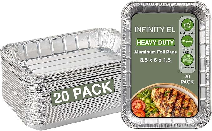 INFINITY EL Disposable Aluminum Foil Pans 20 Pack | Mini Shallow 8.5"x 6"x1.5" Broiler Pans, Heavy Duty Foil Pan | Aluminum Baking Pans for Roasting Turkey, Lasagna, Thanksgiving, Christmas, Party