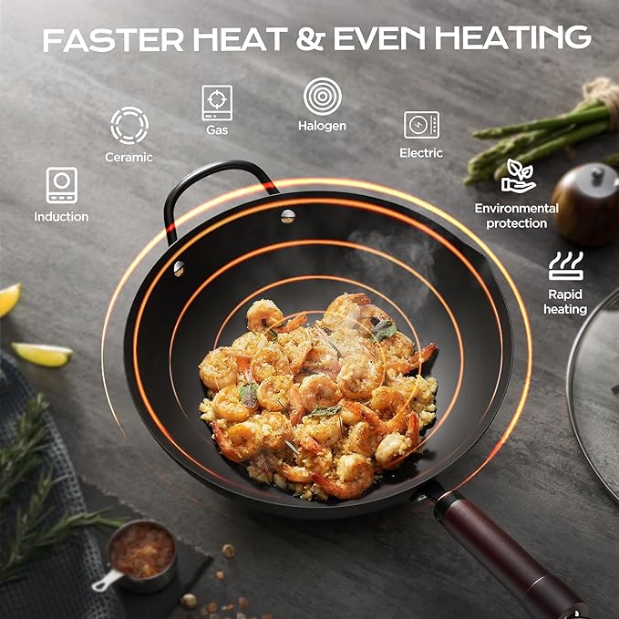 FGJ Wok, 13 Inch carbon steel wok pan with steamer & stir-fry pans nonstick, Pre-Seasoned 5.8QT Flat Bottom Chinese Woks Paella Pan with lid, Carbon Steel Cookware, Compatible with All Cooktops