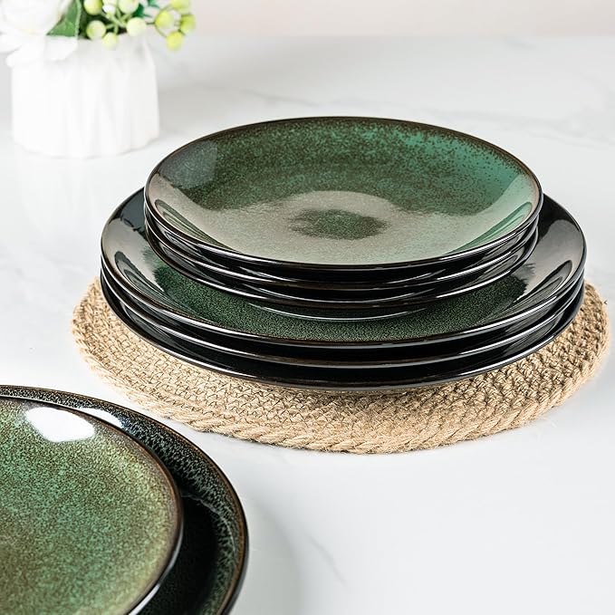 LERATIO Ceramic Dinner Plates Set of 6, 10.5 Inch Handmade Reactive Glaze Porcelain Plates, Coupe Shape Dinnerware Dishes Set for Kitchen,Oven& Microwave & Dishwasher Safe, Scratch Resistant-Green