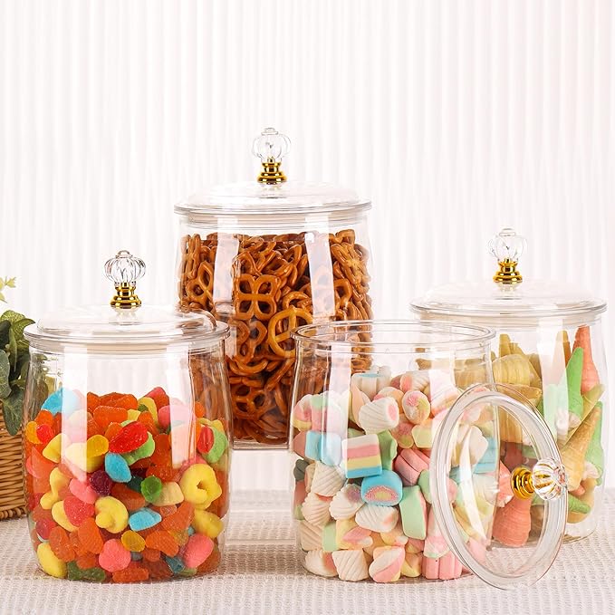 4 Pcs Clear Plastic Candy Jars with Lids, 1/2 Gallon (68oz) Airtight Cookie Containers – Large Apothecary Canisters for Snacks, Wedding Buffet, Kitchen, Home & Bar Décor Halloween Candy Jar