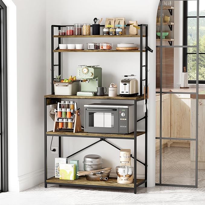 YESHOMY Kitchen Baker’s Rack with Power Outlet, 5-Tier Microwave Stand, Coffee Bar with 8 S-Shaped Hooks, Heavy Duty Storage Shelf Unit for Spices, Pots, Rustic Brown