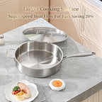 DELARLO 6QT Saute Pan Tri-Ply Stainless Steel Pan, 12Inch Deep Frying Pan with Steel cover, Kitchen Large Skillet,Heavy Duty Style Compatible With All Cooktops Up to 650℉