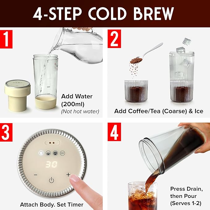 Mueller RapidBrew Cold Brew Coffee Maker – 10 Min Fast Brew Portable Rechargeable Cold Brew Pitcher Machine for Coffee & Tea – Adjustable Strength 10-99 Min – 20 Servings Per Charge, Cappuccino Beige