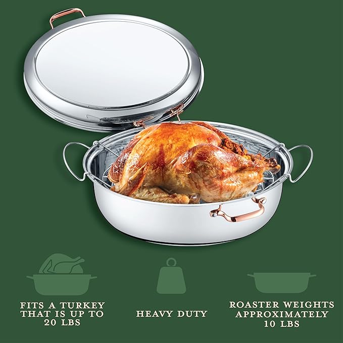 CONCORD Premium 12 Quart Stainless Steel Roasting Pan with Hangable Rack. Oval Turkey Roaster with Griddle Lid Multi-use Cookware