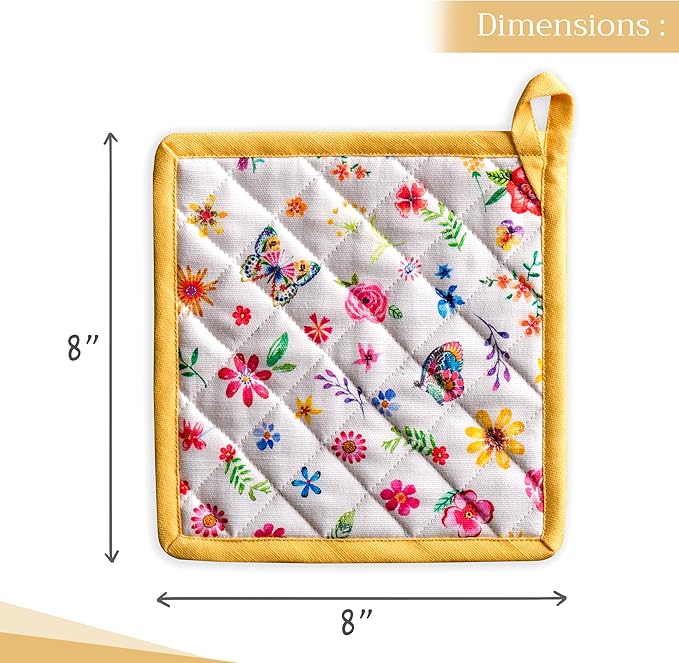 Maison d' Hermine Pot Holders Set 100% Cotton Heat Resistant Potholders 8" x 8" Hot Pads with Loop BBQ, Cooking, Grilling, Kitchen, Handling Hot Pans Spring/Summer (Pack of 2, Happy Florals - Sweety)