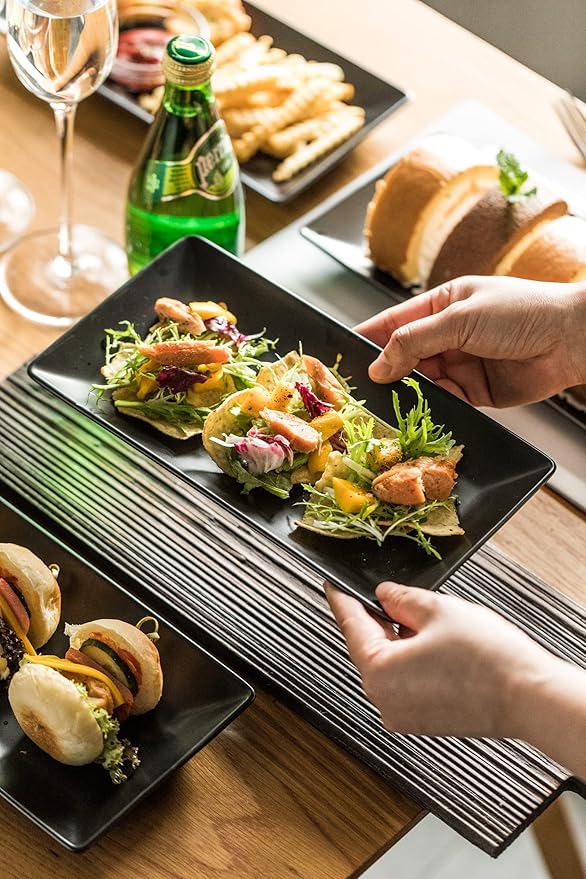 Gomakren Black Serving Platter Set of 4 Porcelain Serving Plates Rectangular Christmas Serving Dishes and Platters Serving Trays for Party Appetizer Sushi, 10 Inch Black Serveware Thanksgiving Gifts