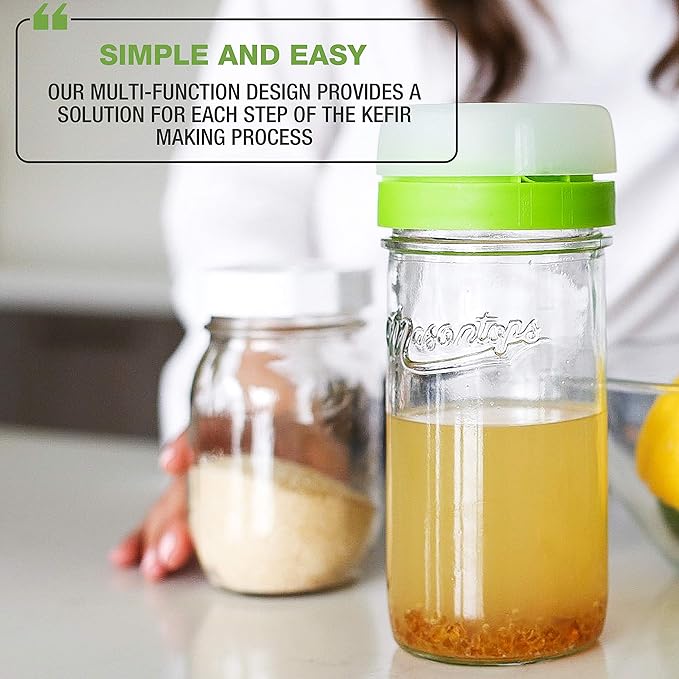 Masontops Kefir Caps - Wide Mouth Mason Jar Lids - Water Kefir Grains Strainer Mason Jar Kefir Jar - Home Water Kefir Starter Kit Kefir Fermenter Container - 4 Pack