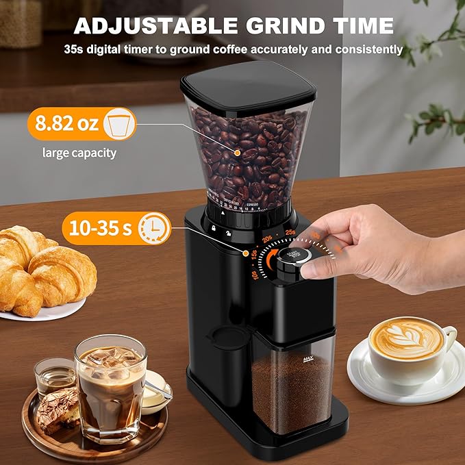 Conical Burr Espresso Coffee Grinder Electric, Coffee Bean Grinder for Home Use Upgraded 48 Grind Settings, 35s Precision Timer, Anti-Static for Pour Over/Drip/French Press, Stainless Steel Black