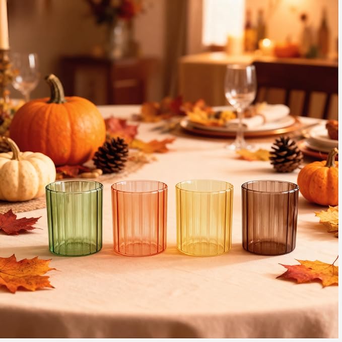 Fall Glassware Set of 4 14oz Ribbed Drinking Glasses for Autumn Table Décor Cozy Gatherings Thanksgiving Centerpiece in Warm Autumn Tones Perfect Hostess Gift